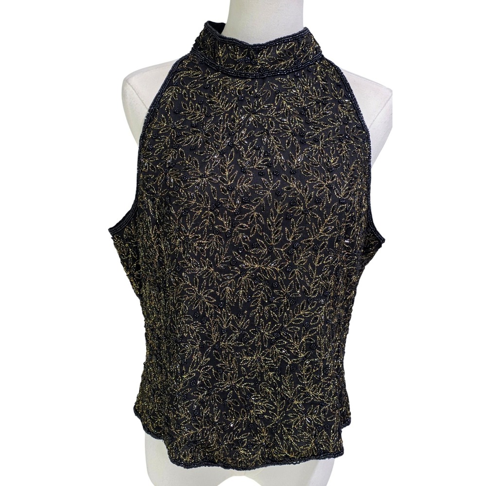 Papell Boutique Evening Top Womens XL Black Gold Beaded Silk Halter Excellent